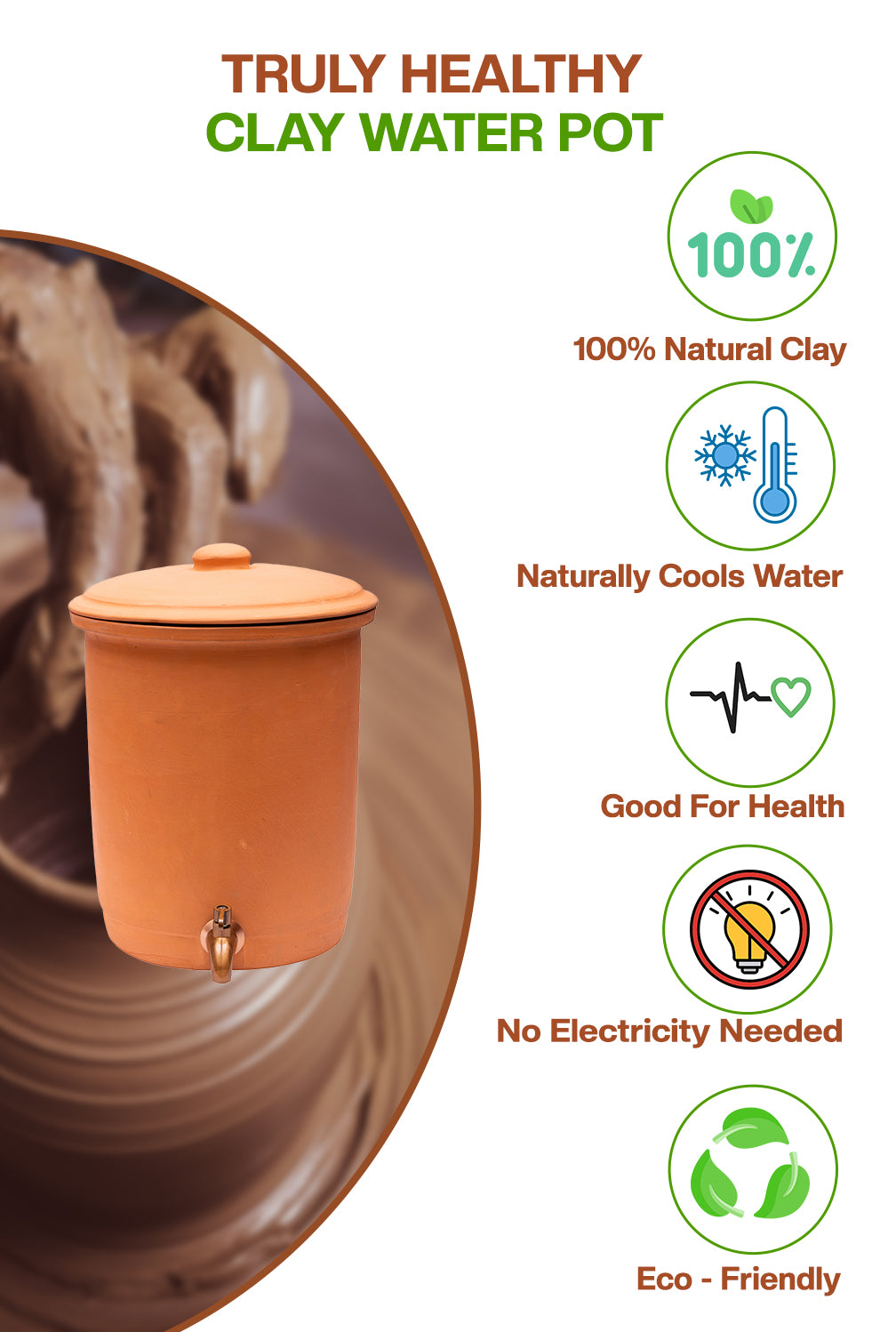 Terracotta Water Pot with Lid (Pre-Seasoned) and 304 Stainless Steel Copper Color Tap - 8L/8qt