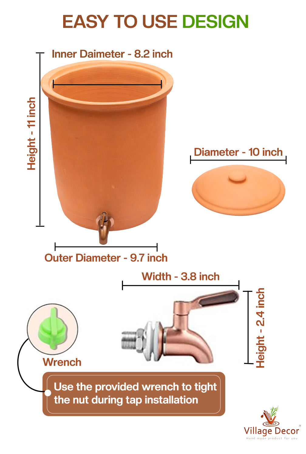 Terracotta Water Pot with Lid (Pre-Seasoned) and 304 Stainless Steel Copper Color Tap - 8L/8qt