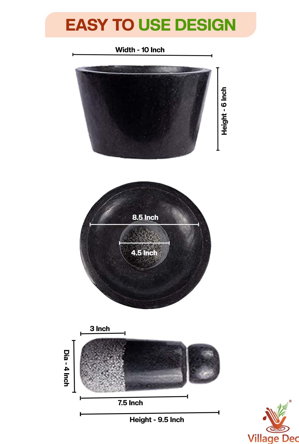 Black stone attukal / mortar & pestle B * H - 10 * 6 inch