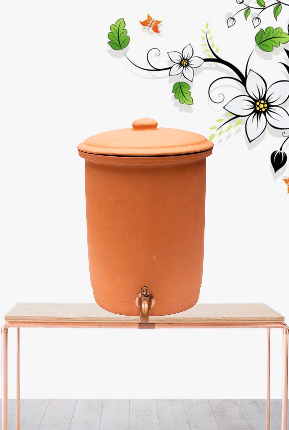 Terracotta Water Pot with Lid (Pre-Seasoned) and 304 Stainless Steel Copper Color Tap - 8L/8qt