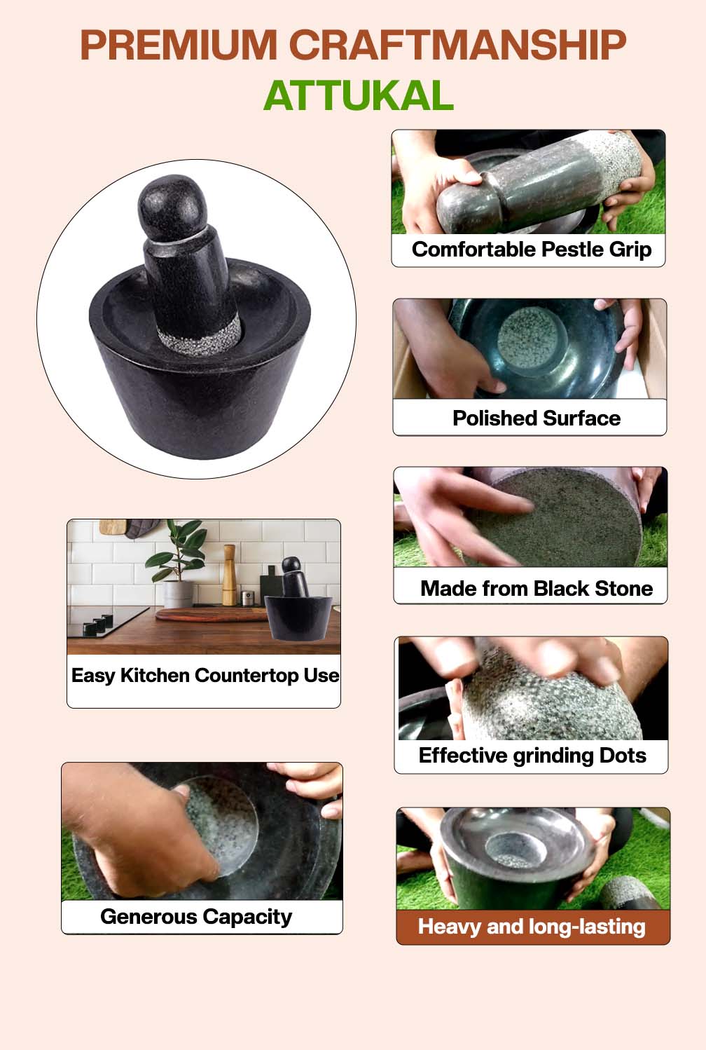 Black stone attukal / mortar & pestle B * H - 10 * 6 inch