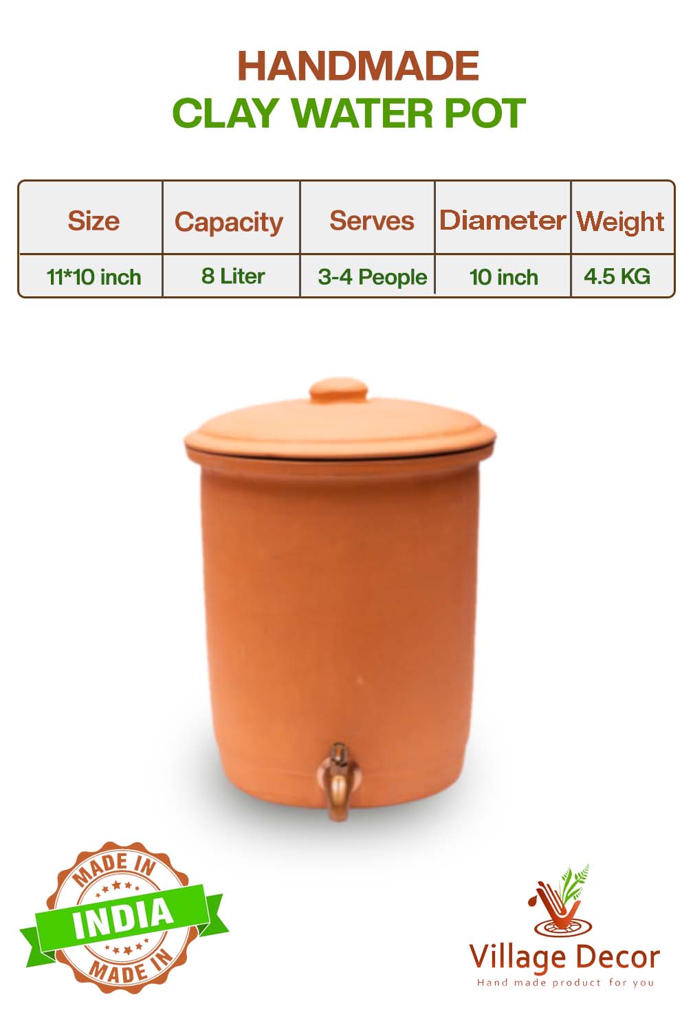 Terracotta Water Pot with Lid (Pre-Seasoned) and 304 Stainless Steel Copper Color Tap - 8L/8qt